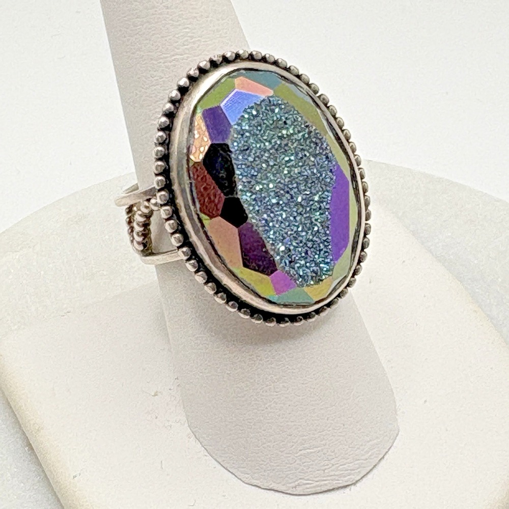 Colleen Lopez Sterling Silver Ring Titanium Mystic Druzy Quartz 9 Adjustable